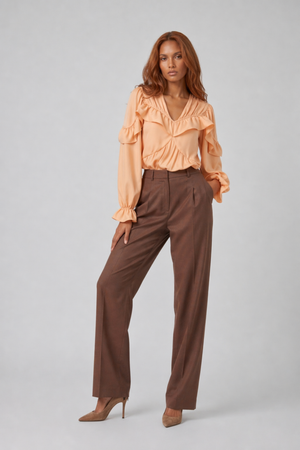 Samara Top by VKELLER in Orange Peach. 100% silk bohemian blouse with ruffled long sleeves and gathered neckline. Designed in Paris, handcrafted in Portugal. #peach