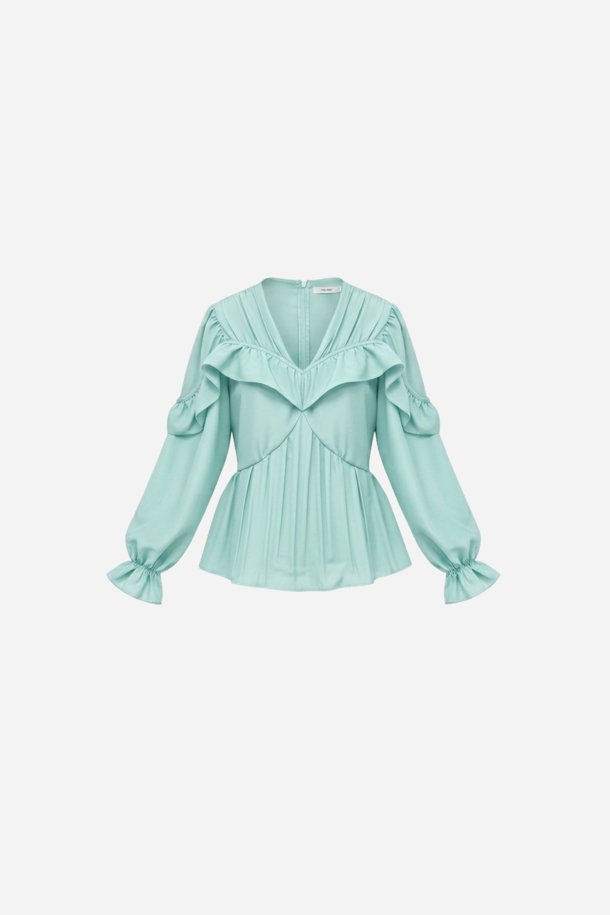 Samara Top by VKELLER in Turquoise Soothing Sea. 100% silk bohemian blouse with ruffled long sleeves and gathered neckline. Designed in Paris, handcrafted in Portugal. #soothingsea
