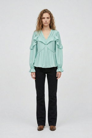 Samara Top by VKELLER in Turquoise Soothing Sea. 100% silk bohemian blouse with ruffled long sleeves and gathered neckline. Designed in Paris, handcrafted in Portugal. #soothingsea
