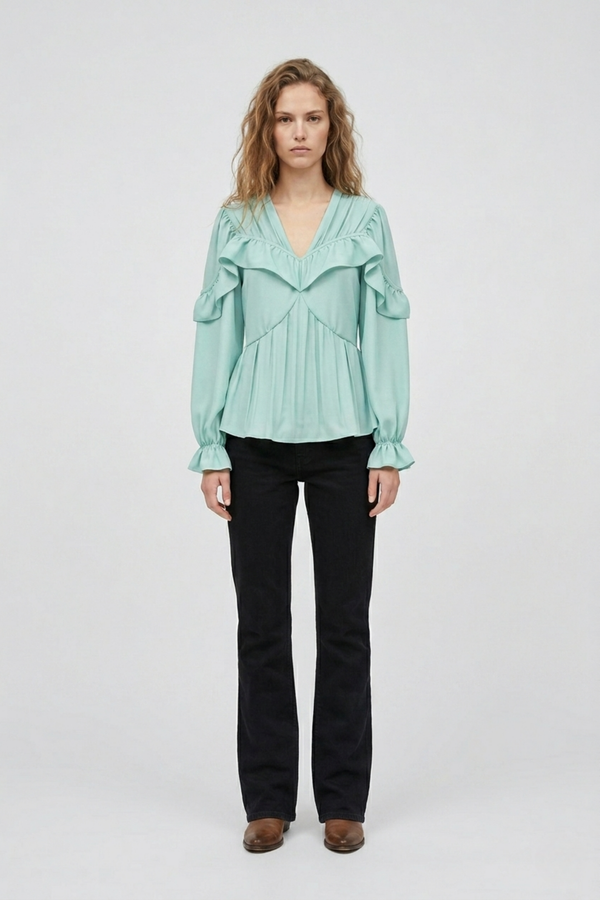 Samara Top by VKELLER in Turquoise Soothing Sea. 100% silk bohemian blouse with ruffled long sleeves and gathered neckline. Designed in Paris, handcrafted in Portugal. #soothingsea