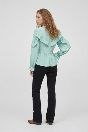 Samara Top by VKELLER in Turquoise Soothing Sea. 100% silk bohemian blouse with ruffled long sleeves and gathered neckline. Designed in Paris, handcrafted in Portugal. #soothingsea