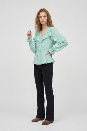Samara Top by VKELLER in Turquoise Soothing Sea. 100% silk bohemian blouse with ruffled long sleeves and gathered neckline. Designed in Paris, handcrafted in Portugal. #soothingsea