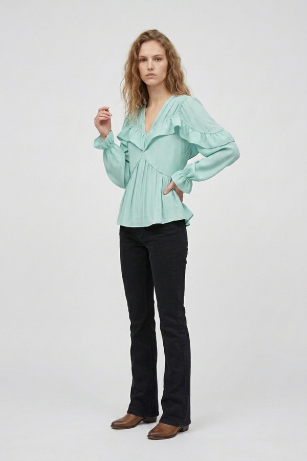 Samara Top by VKELLER in Turquoise Soothing Sea. 100% silk bohemian blouse with ruffled long sleeves and gathered neckline. Designed in Paris, handcrafted in Portugal. #soothingsea