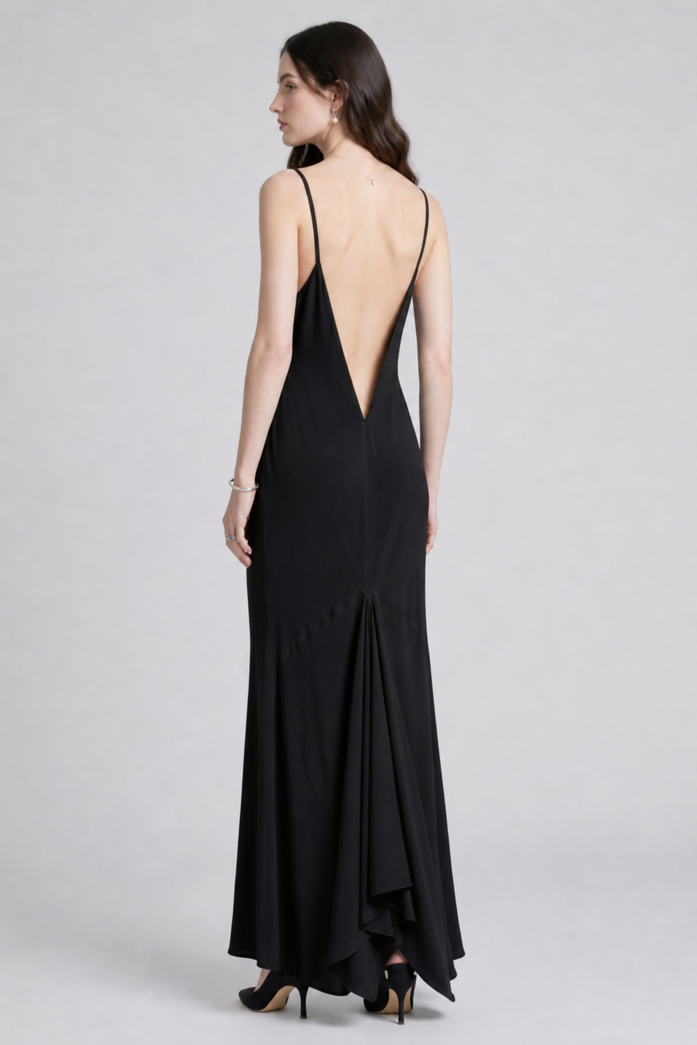 Vikki Maxi Dress by VKELLER in Black Carbon. 100% silk maxi dress with low back and flowing bias-cut silhouette. Designed in Paris, handcrafted in Portugal. #carbon