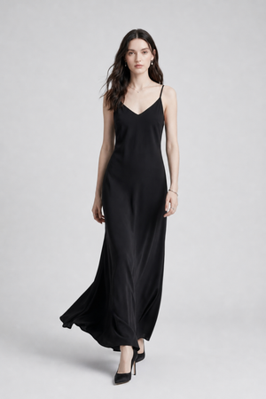 Vikki Maxi Dress by VKELLER in Black Carbon. 100% silk maxi dress with low back and flowing bias-cut silhouette. Designed in Paris, handcrafted in Portugal. #carbon
