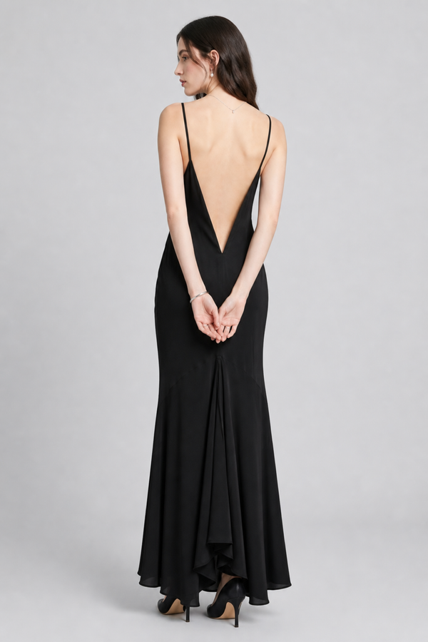 Vikki Maxi Dress by VKELLER in Black Carbon. 100% silk maxi dress with low back and flowing bias-cut silhouette. Designed in Paris, handcrafted in Portugal. #carbon