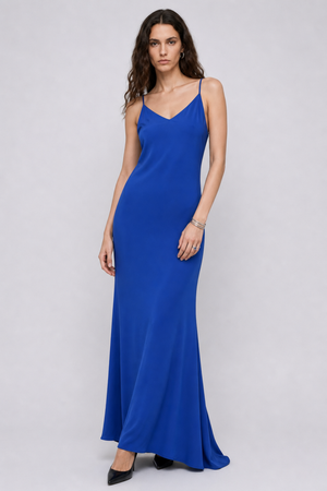 Vikki Maxi Dress by VKELLER in Cobalt Blue. 100% silk maxi dress with low back and flowing bias-cut silhouette. Designed in Paris, handcrafted in Portugal. #cobaltblue