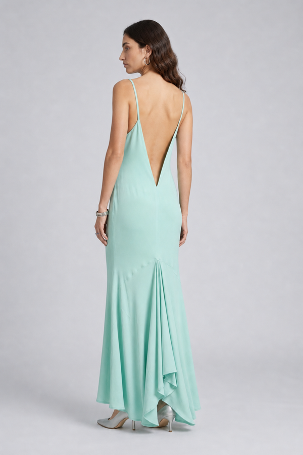 Vikki Maxi Dress by VKELLER in Turquoise Soothing Sea. 100% silk maxi dress with low back and flowing bias-cut silhouette. Designed in Paris, handcrafted in Portugal. #soothingsea