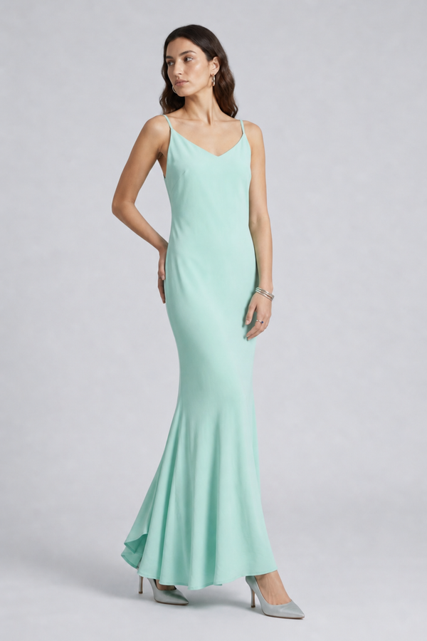 Vikki Maxi Dress by VKELLER in Turquoise Soothing Sea. 100% silk maxi dress with low back and flowing bias-cut silhouette. Designed in Paris, handcrafted in Portugal. #soothingsea