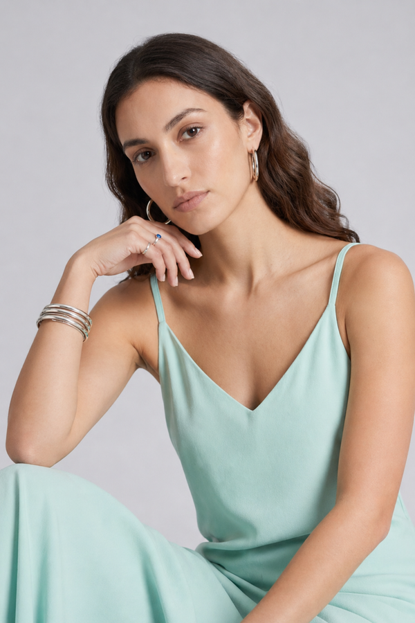 Vikki Maxi Dress by VKELLER in Turquoise Soothing Sea. 100% silk maxi dress with low back and flowing bias-cut silhouette. Designed in Paris, handcrafted in Portugal. #soothingsea